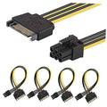 SATA 15-pin power connector to 6-pin PCIe power cable, black with yellow-striped leads.