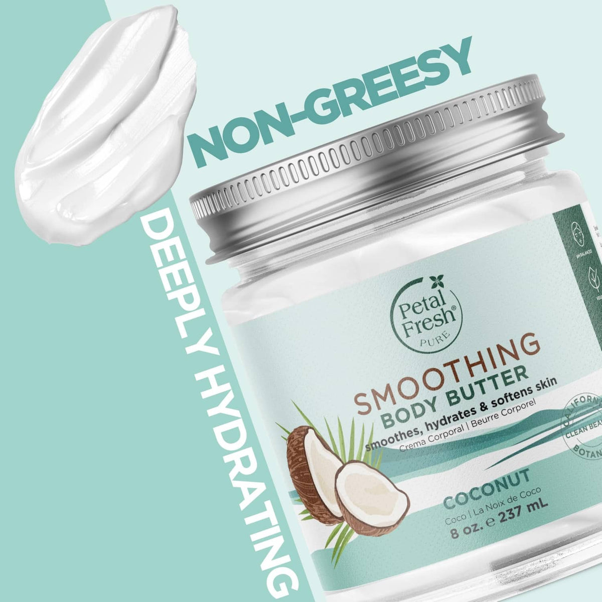 Coconut smoothing body butter jar with non-greasy and easily absorbed theme