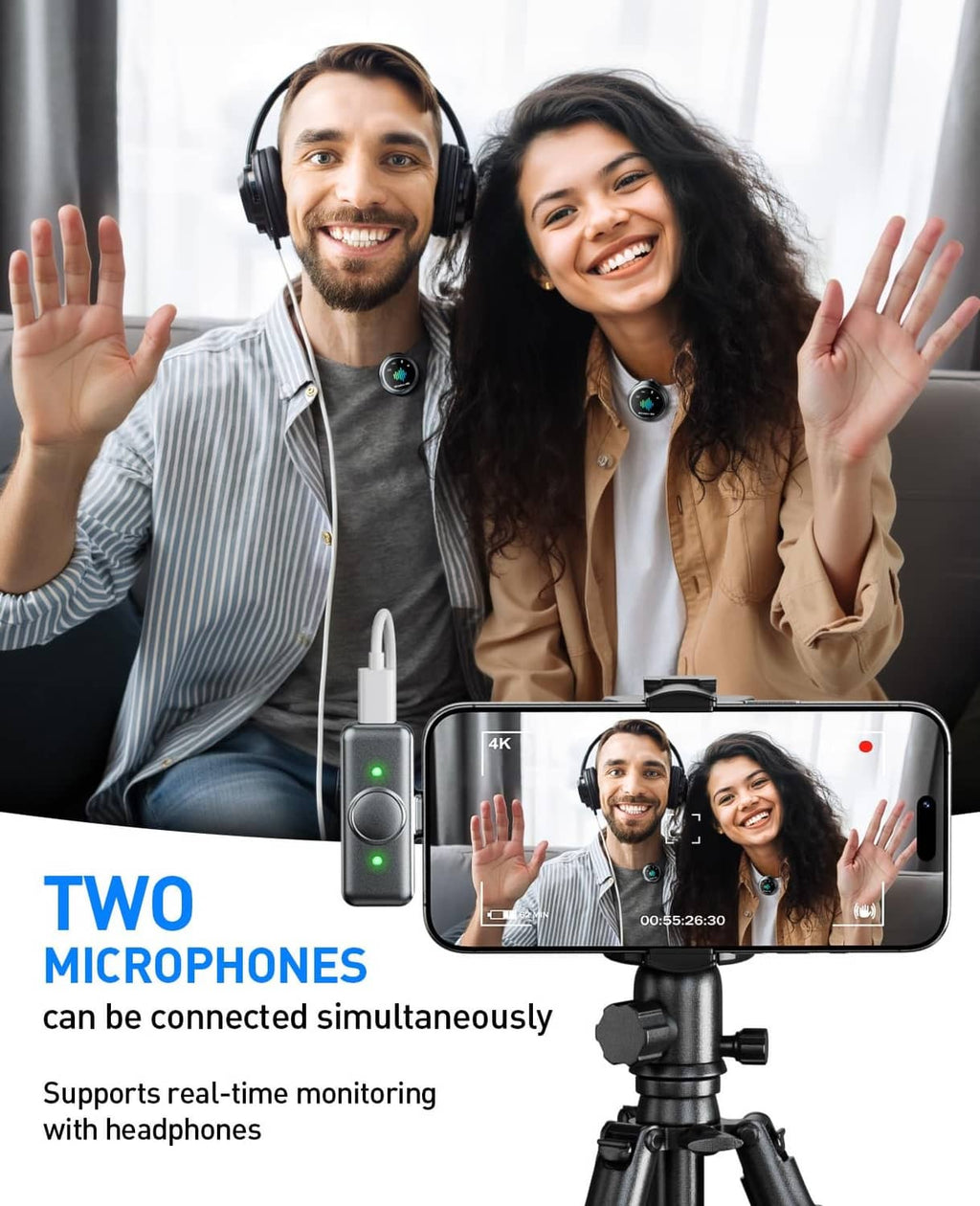 Wireless microphone kit with two receivers and two lavalier microphones