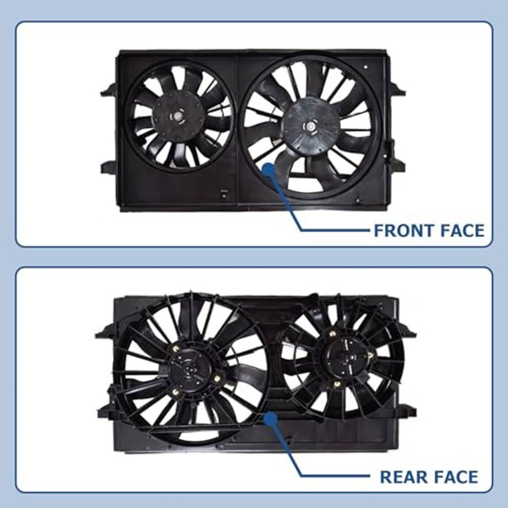 Radiator cooling fan assembly shown from front and rear faces, dual fans in shroud