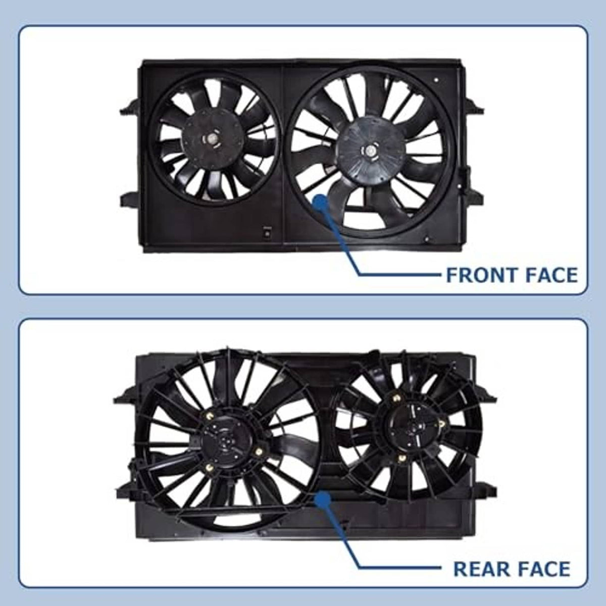 Radiator cooling fan assembly shown from front and rear faces, dual fans in shroud