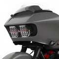 LED motorcycle headlight with amber DRL and dual lens housing, black and silver