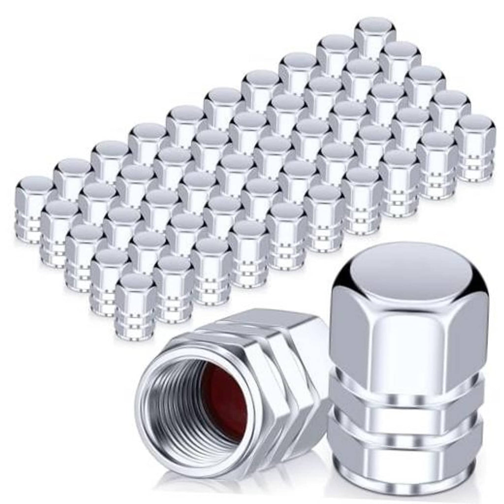 Chrome metal hex tire valve stem caps with threads, set of 50