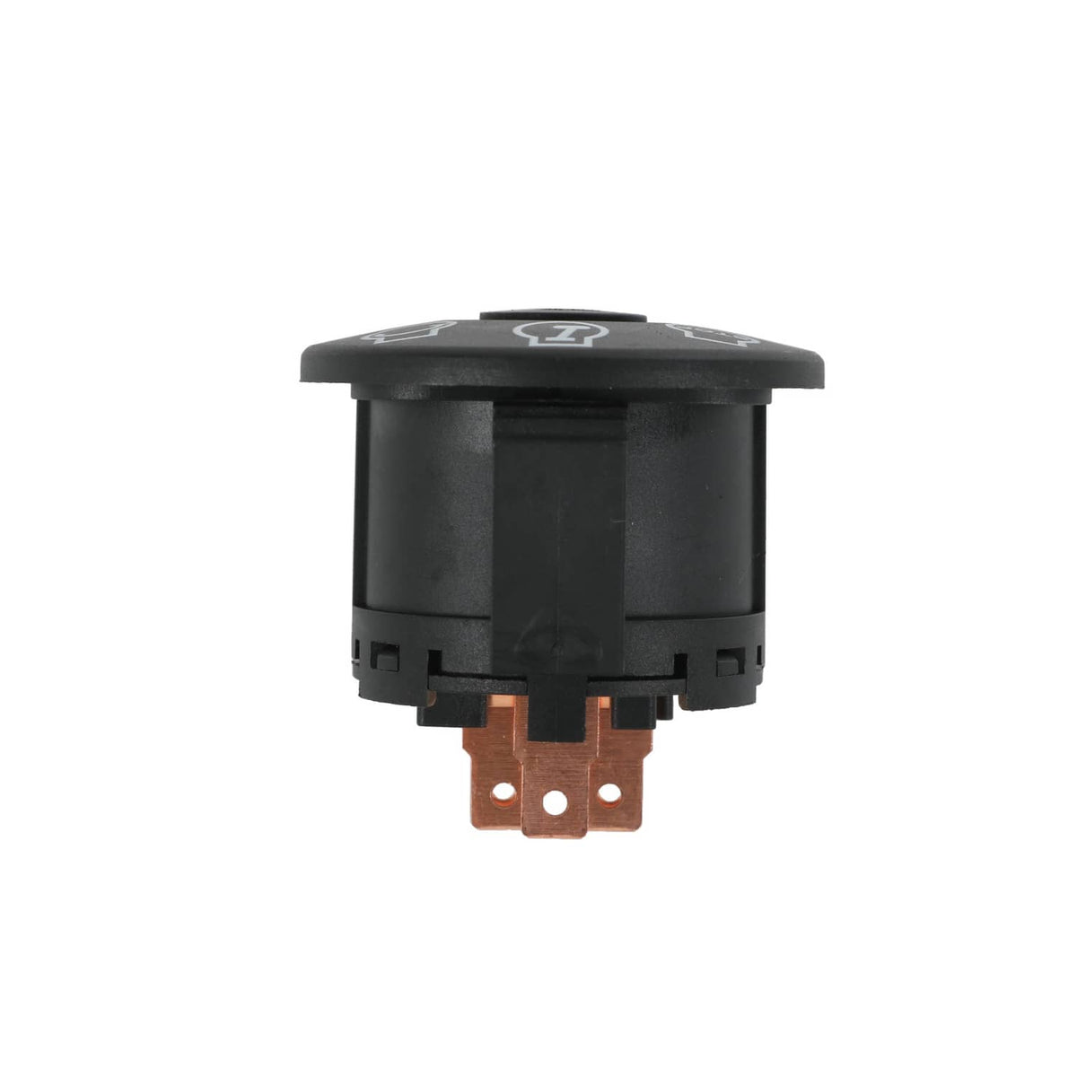 Ignition switch with mounting base and two copper prongs on underside