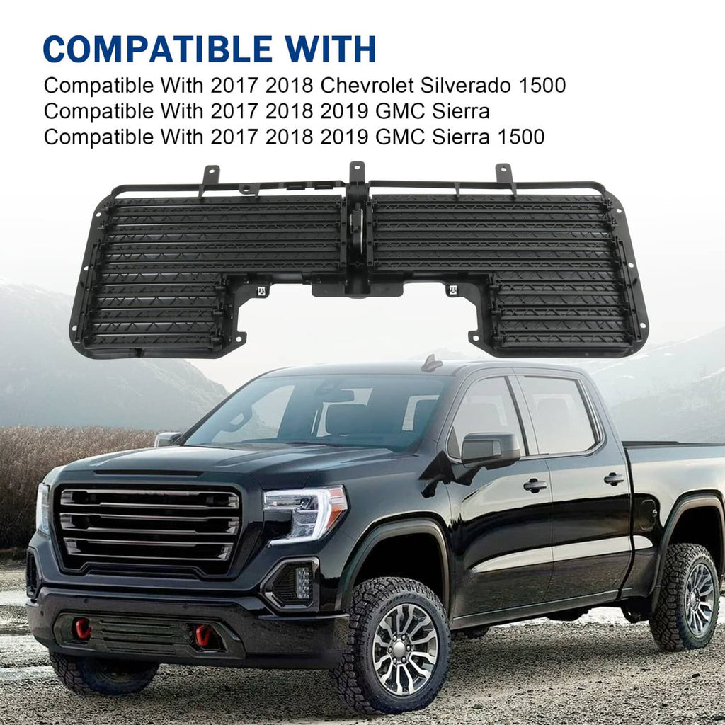 Motorized active grille shutter with mounting brackets, black louver panels