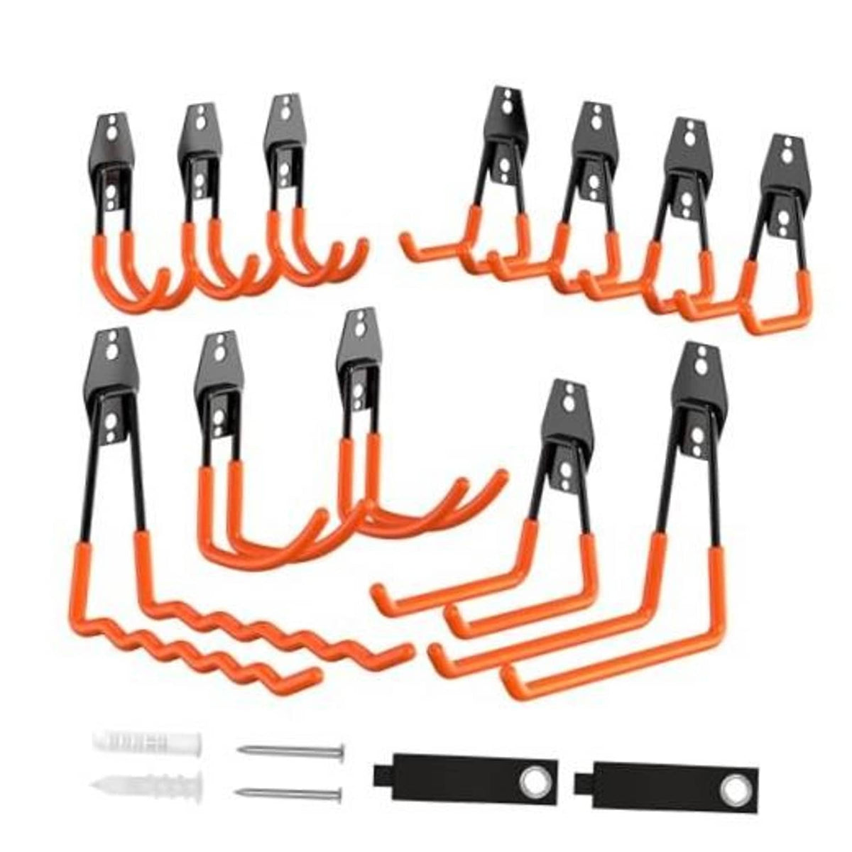 14-pack garage storage hooks with black metal arms and orange U-shaped hangers