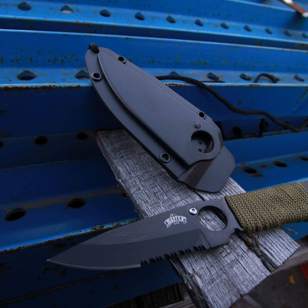 Fixed blade neck knife shown with black sheath and tan fabric-wrapped handle strap.