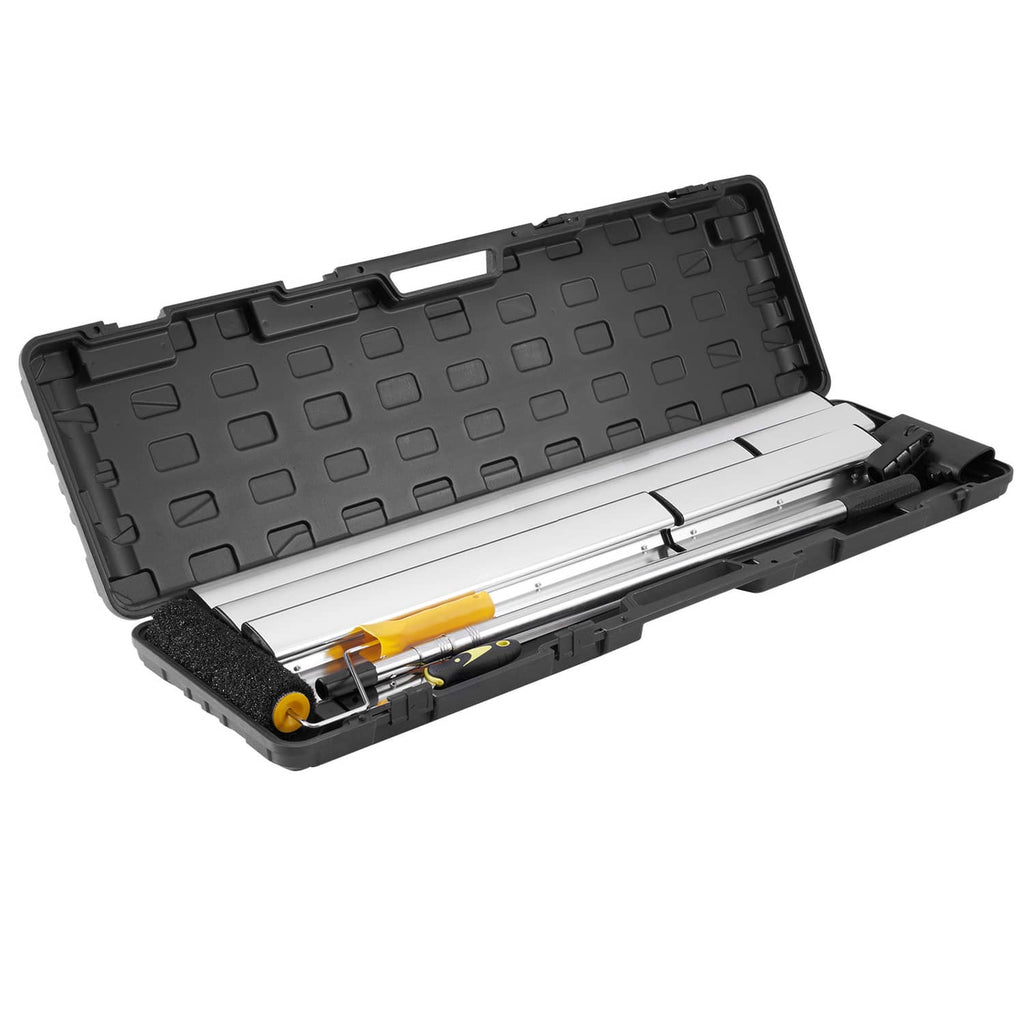 Drywall skimming blade set with blades in open black case, yellow accents