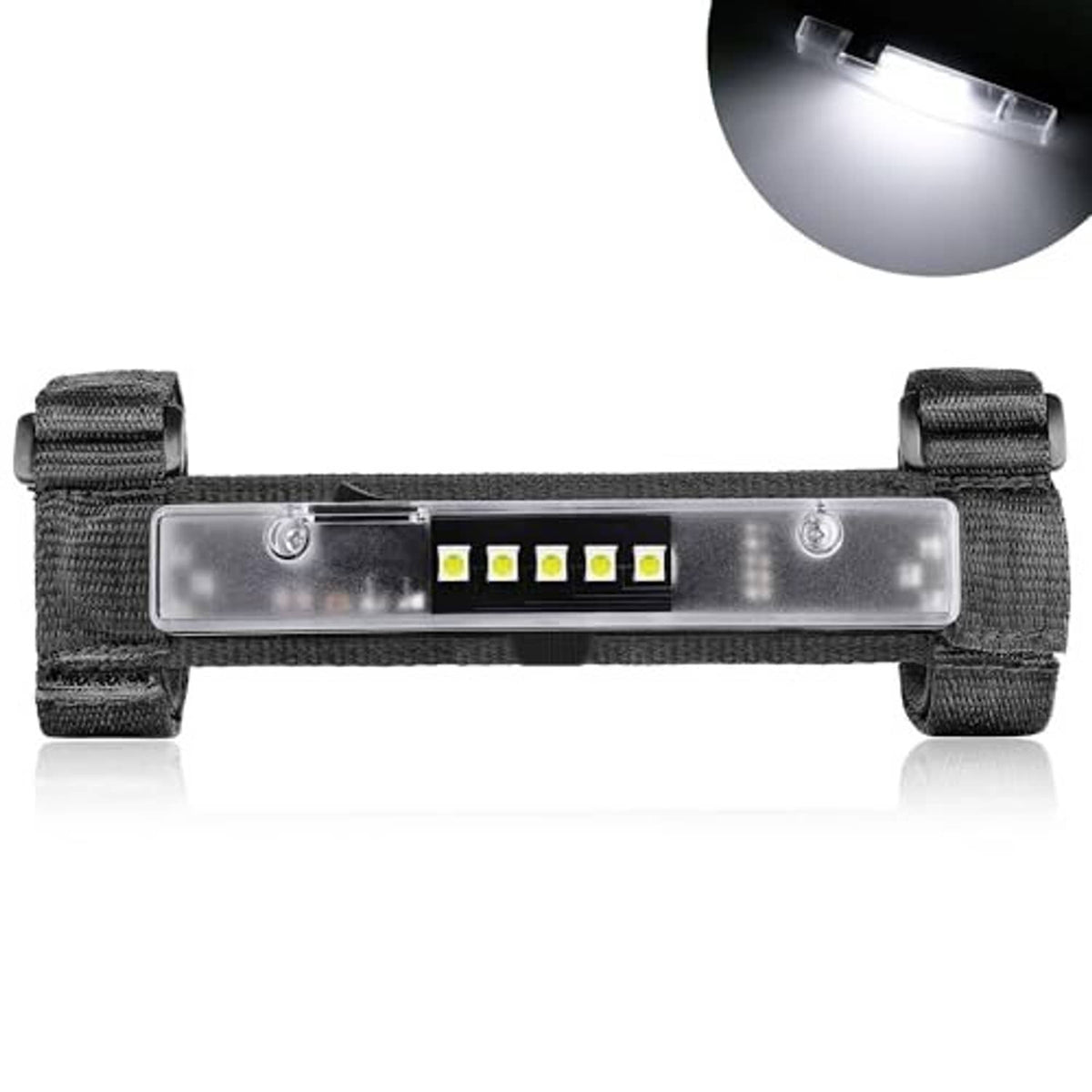 Universal roll-bar LED dome light with clear housing and black Velcro straps, 5 LEDs
