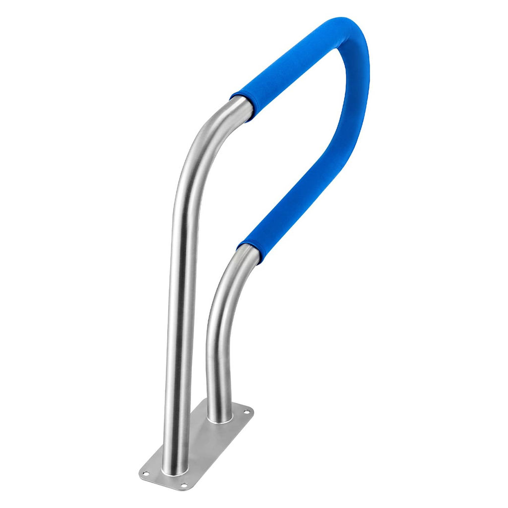 Curved stainless steel pool handrail with blue foam grip pads and two base plates