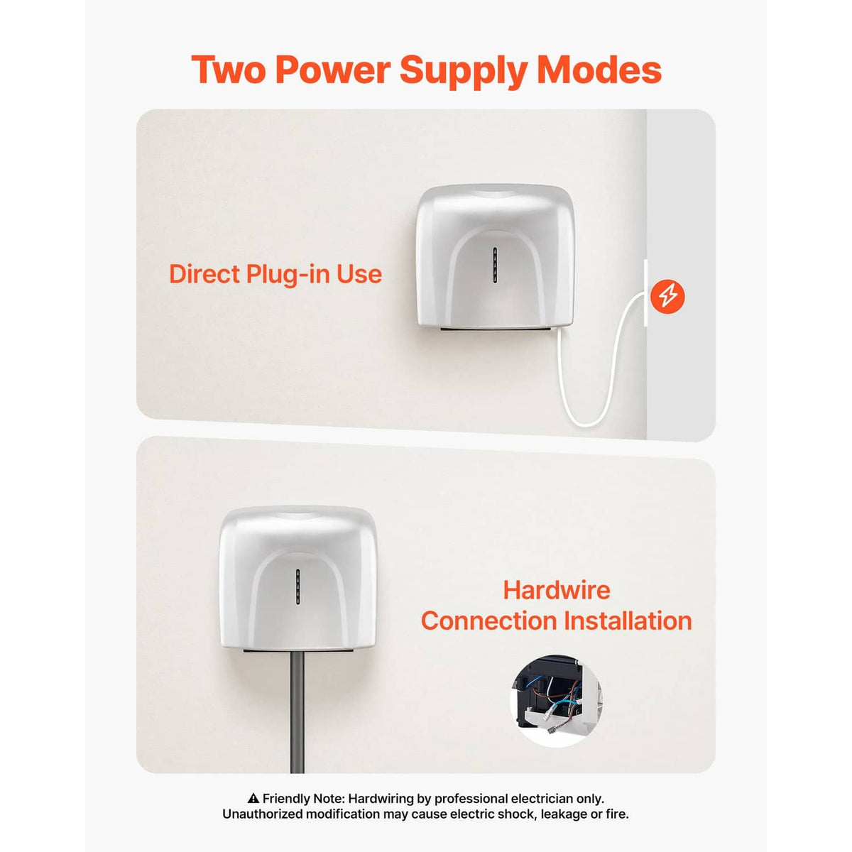 Automatic hand dryer installation options shown: direct plug-in and hardwired
