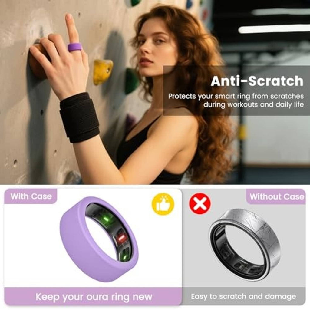 Purple ultra-thin ring cover with anti-scratch protection shown in a comparison graphic.