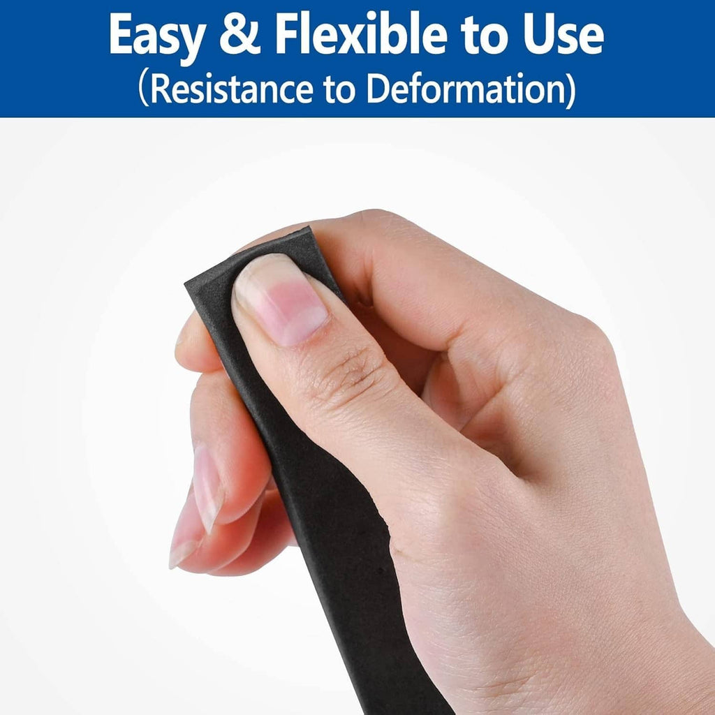 Hand holding black foam weatherstrip tape strip with adhesive side