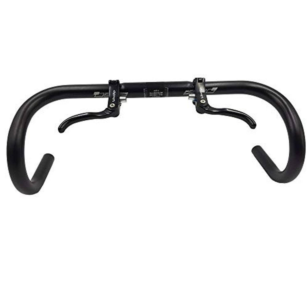 Black road bike brake levers mounted on drop handlebars, 22.2mm clamp