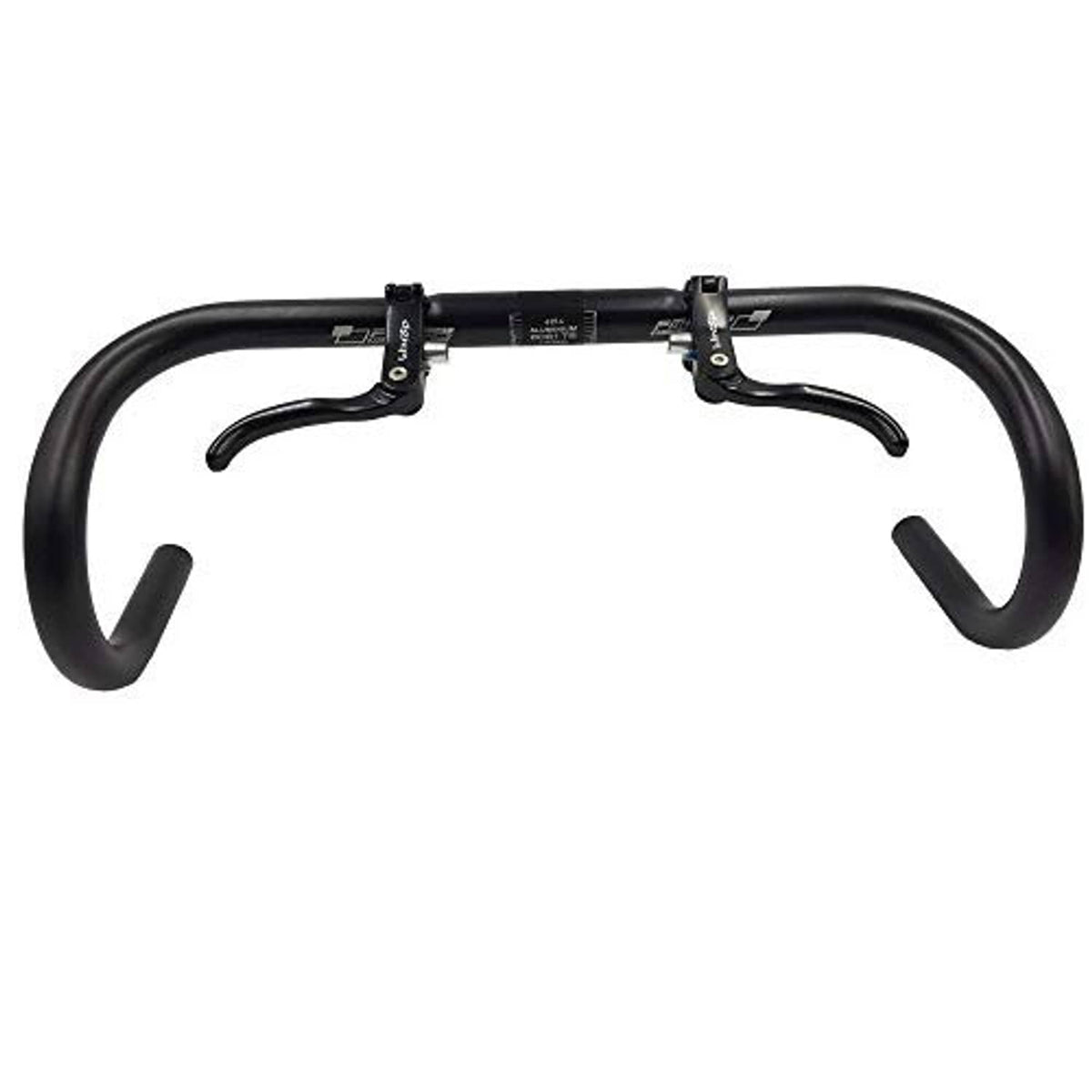 Black road bike brake levers mounted on drop handlebars, 22.2mm clamp