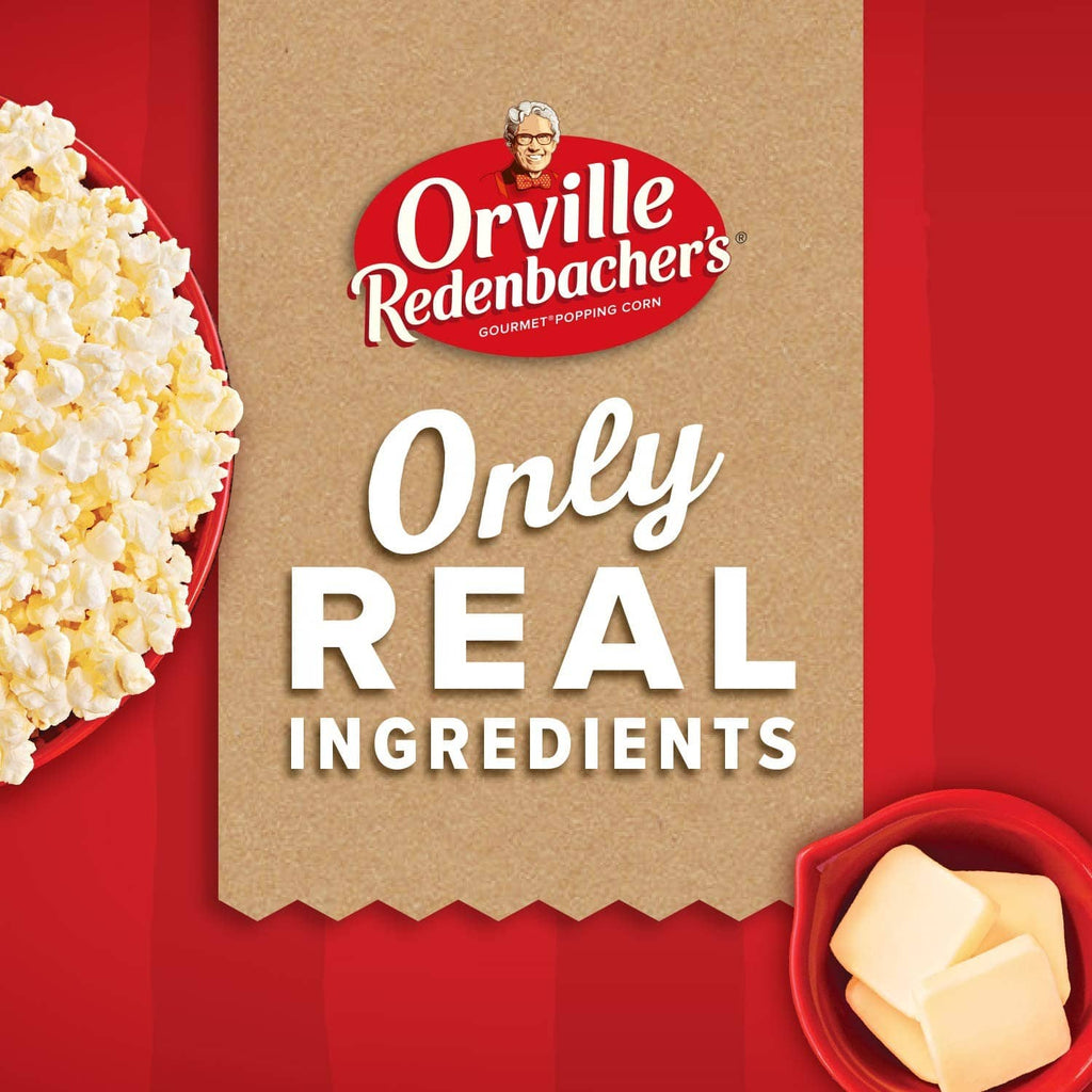 Microwave popcorn tub showing Only REAL ingredients message and butter illustration