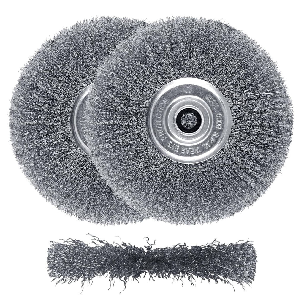 8-inch wire wheel for bench grinder with silver arbor hub, dark gray steel bristles