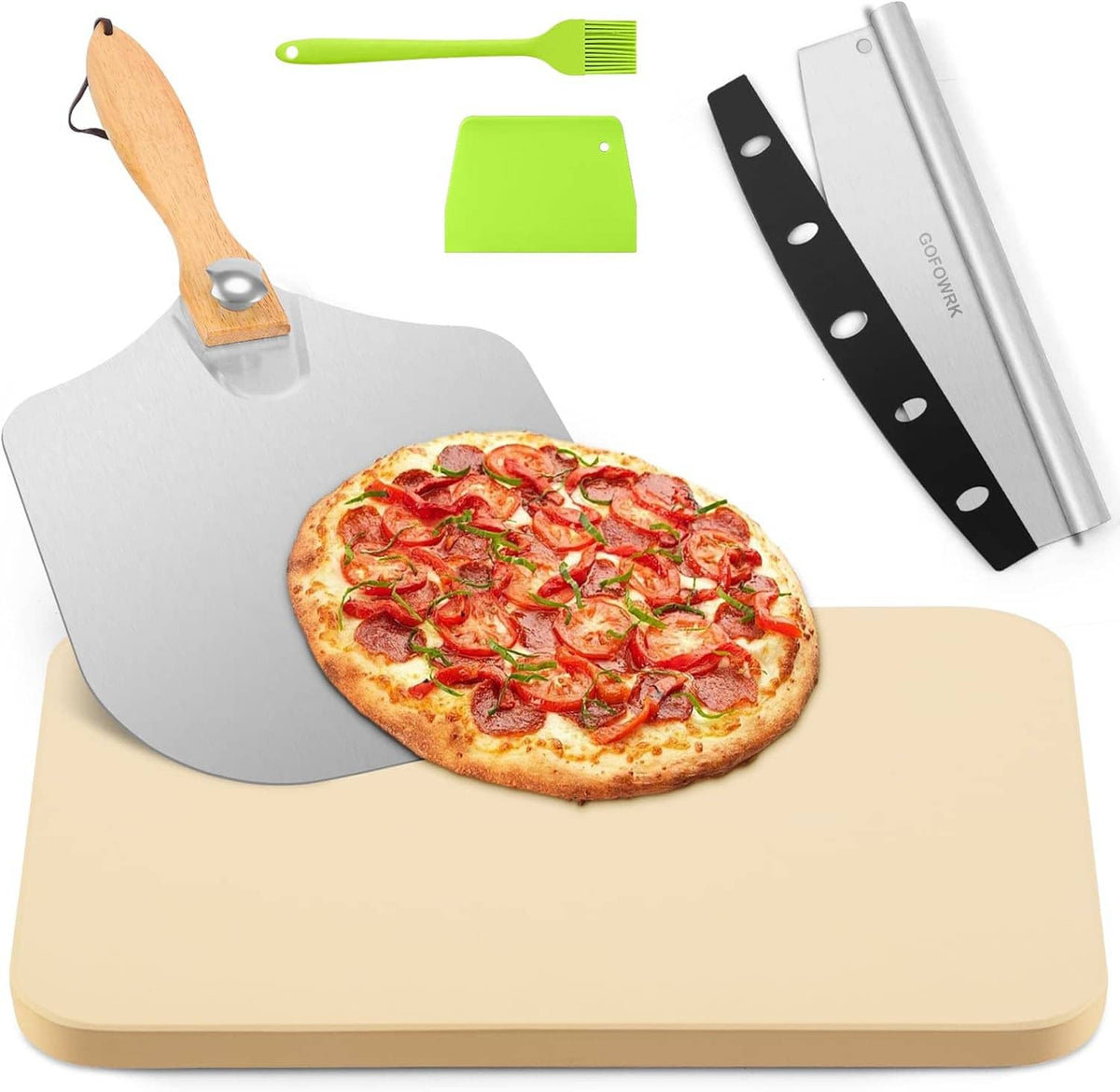 Beige rectangular pizza stone with pizza peel and pizza cutter for serving