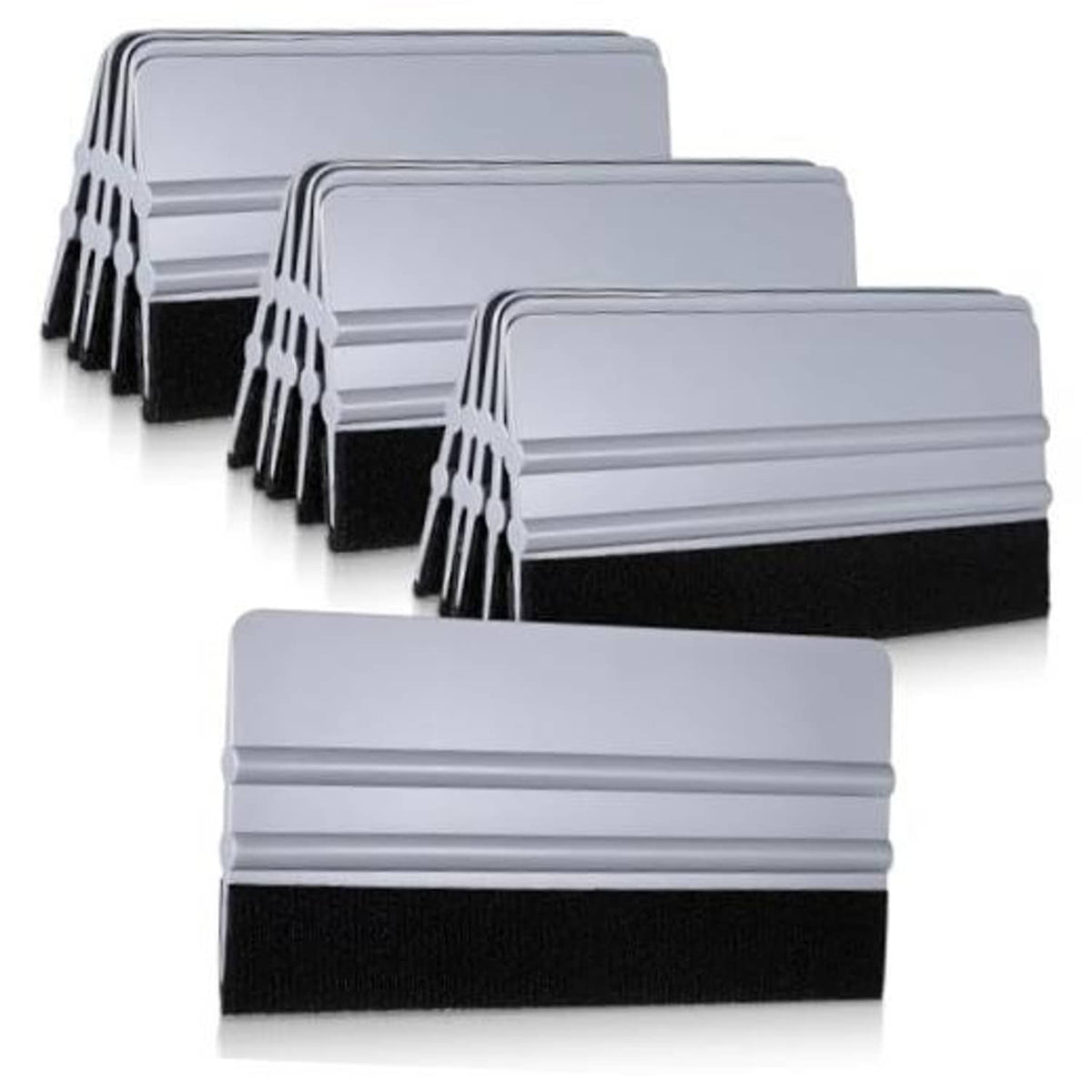 Set of gray plastic squeegees with black felt edge, 15-pack showing multiple units.