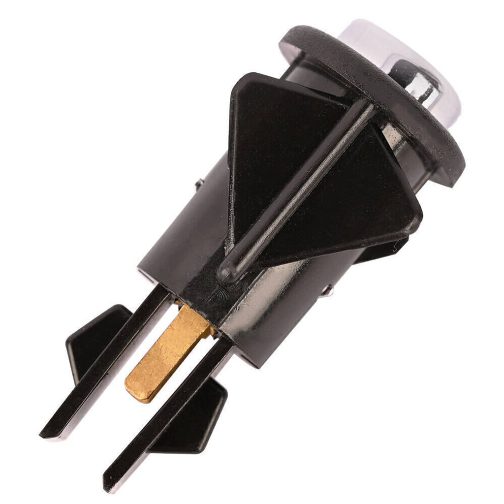 Fuel door release switch with black housing, chrome button insert, and spring clip