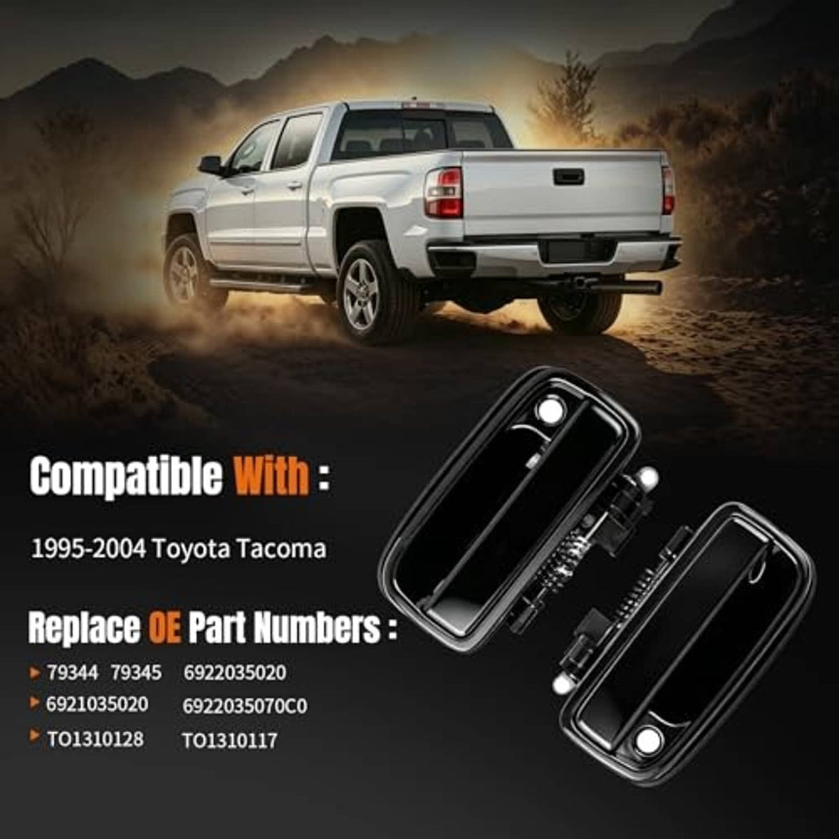 Black exterior door handle set with two handles and internal mounting hardware.
