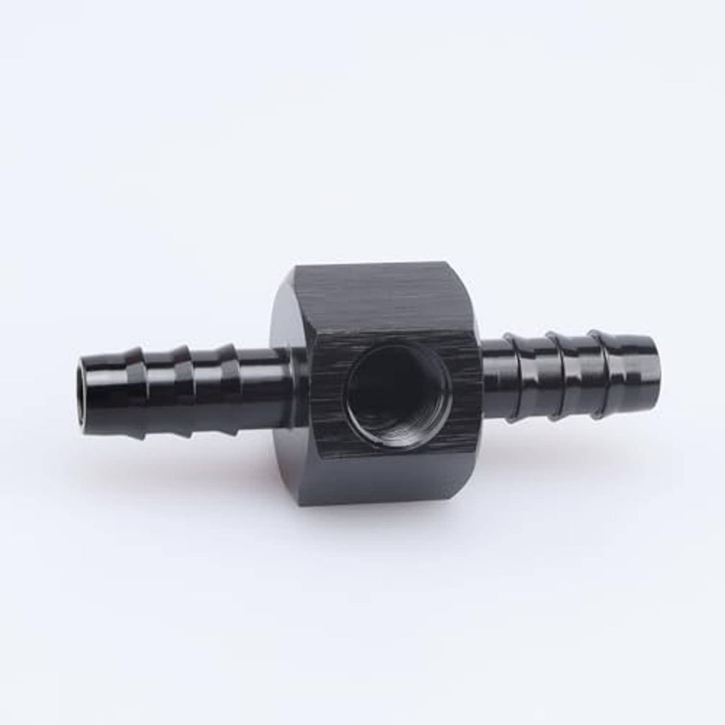 Black barbed-to-NPT sensor gauge adapter fitting, centered hex body detail