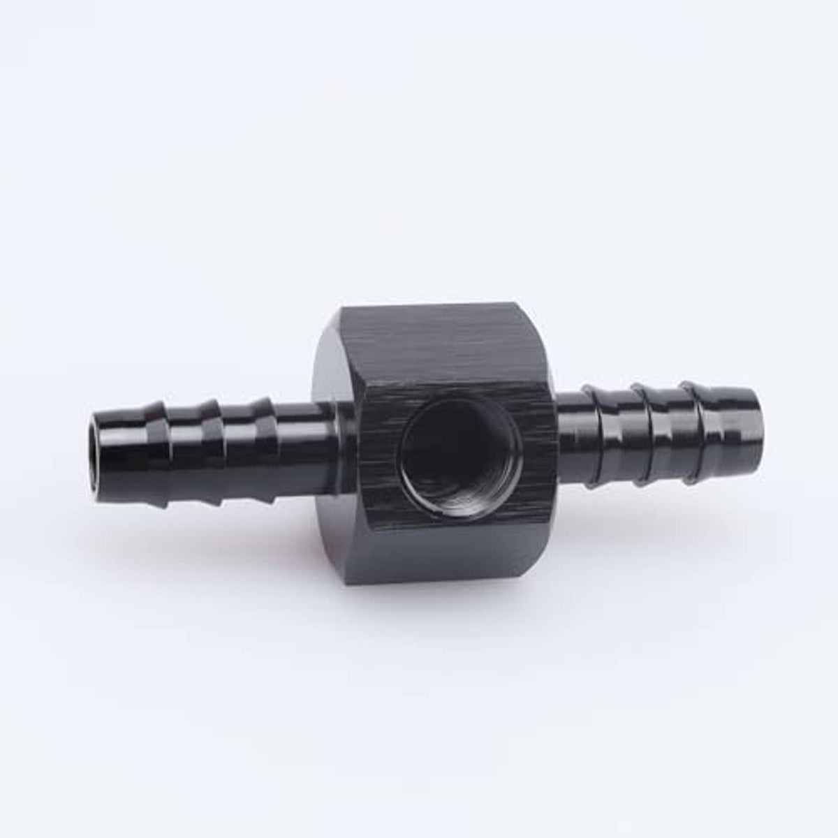 Black barbed-to-NPT sensor gauge adapter fitting, centered hex body detail