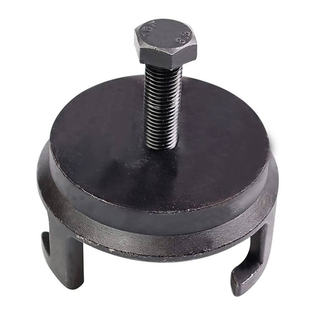 Black harmonic balancer puller with round base, threaded center bolt, and three hooks