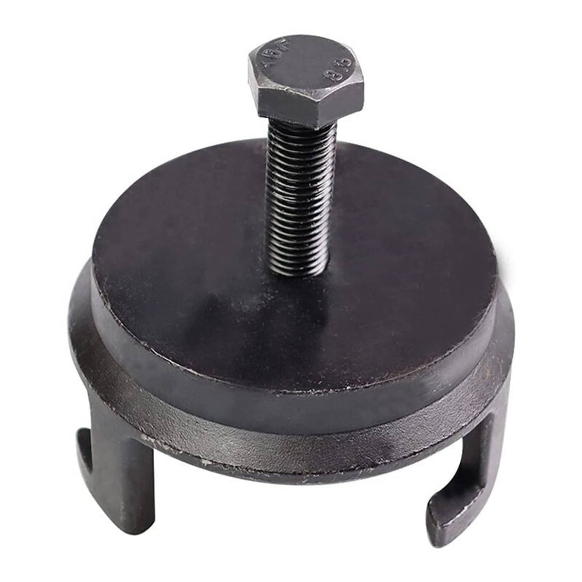 Black harmonic balancer puller with round base, threaded center bolt, and three hooks