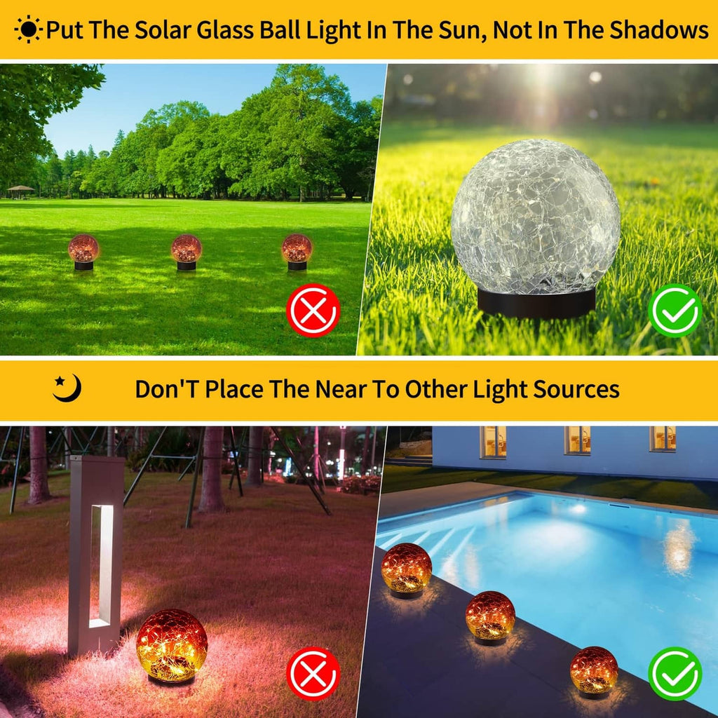 Solar glass globe light with frosted dome on green grass, ground stake