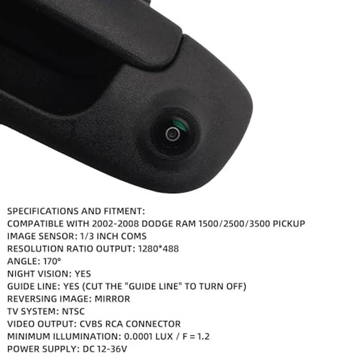 Close-up of backup camera lens embedded in black tailgate handle