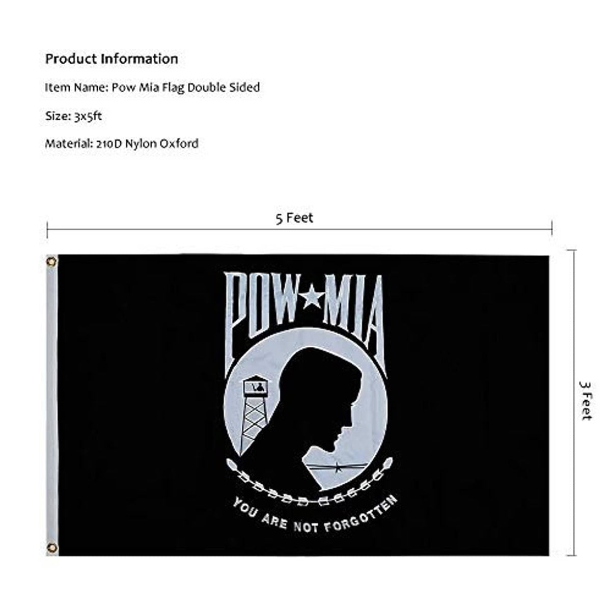 3x5 ft black POW*MIA embroidered outdoor flag with grommets