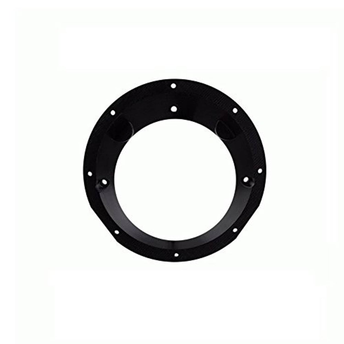 Black circular speaker adapter plate with evenly spaced mounting holes