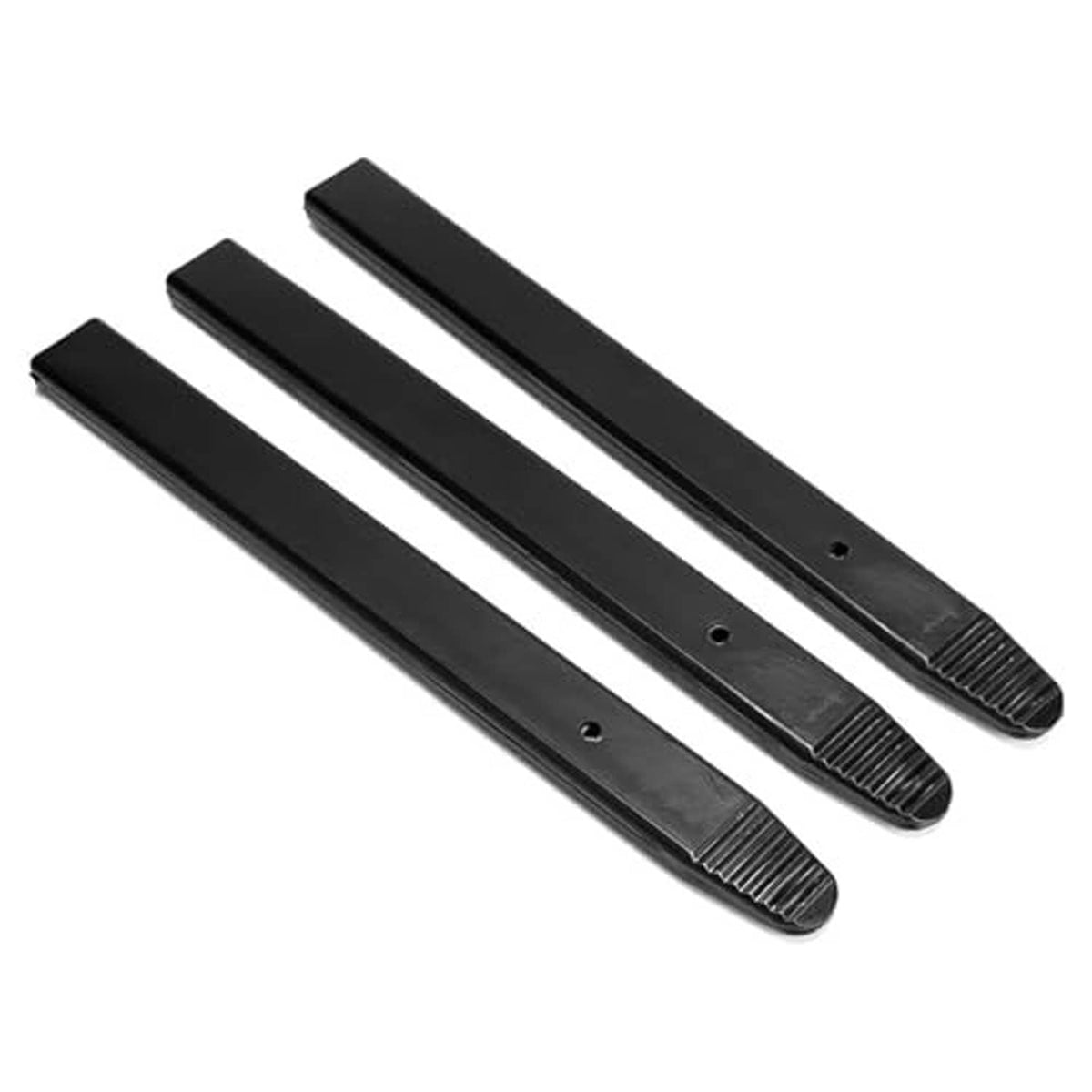 Three black long rim protector sleeves for tire bead lifting tools, ridged ends, holes