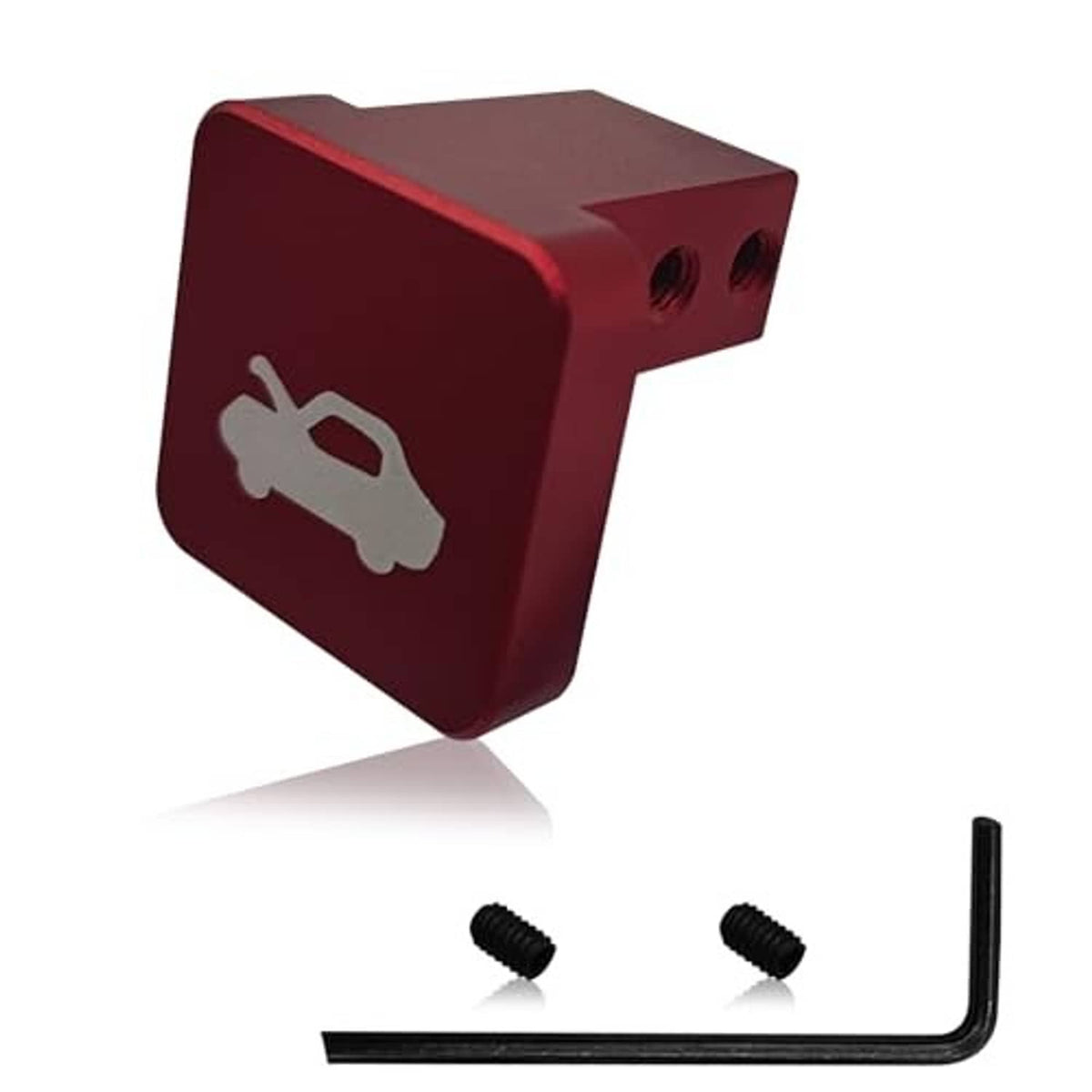 Red hood latch release handle with tool icon, two screws, and L-shaped rod