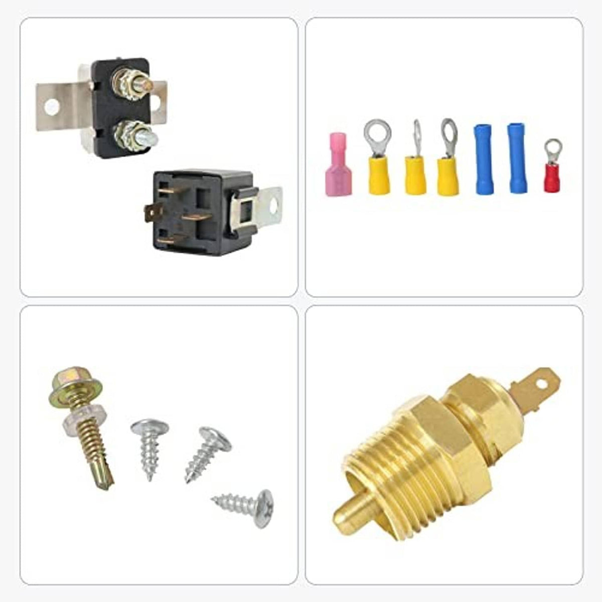 Fan thermostat kit parts set: black relay socket, brass sensor, and assorted wire terminals