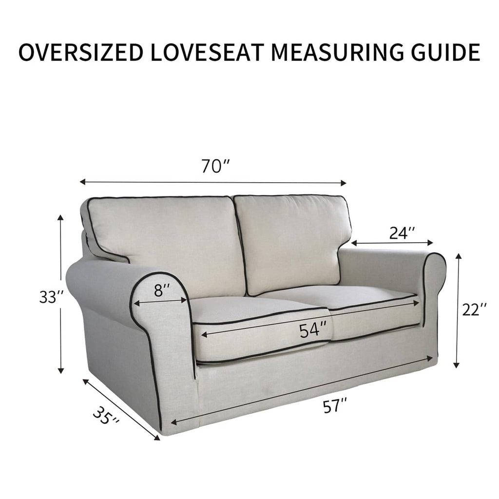 Loveseat sofa cover size guide diagram with overall measurements and arm dimensions