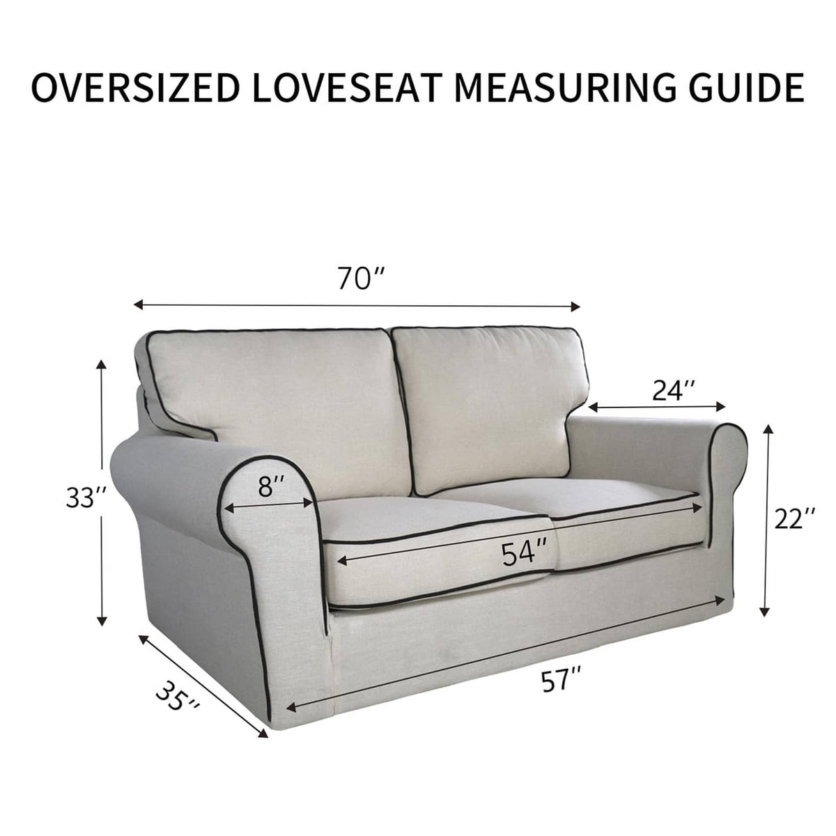 Loveseat sofa cover size guide diagram with overall measurements and arm dimensions
