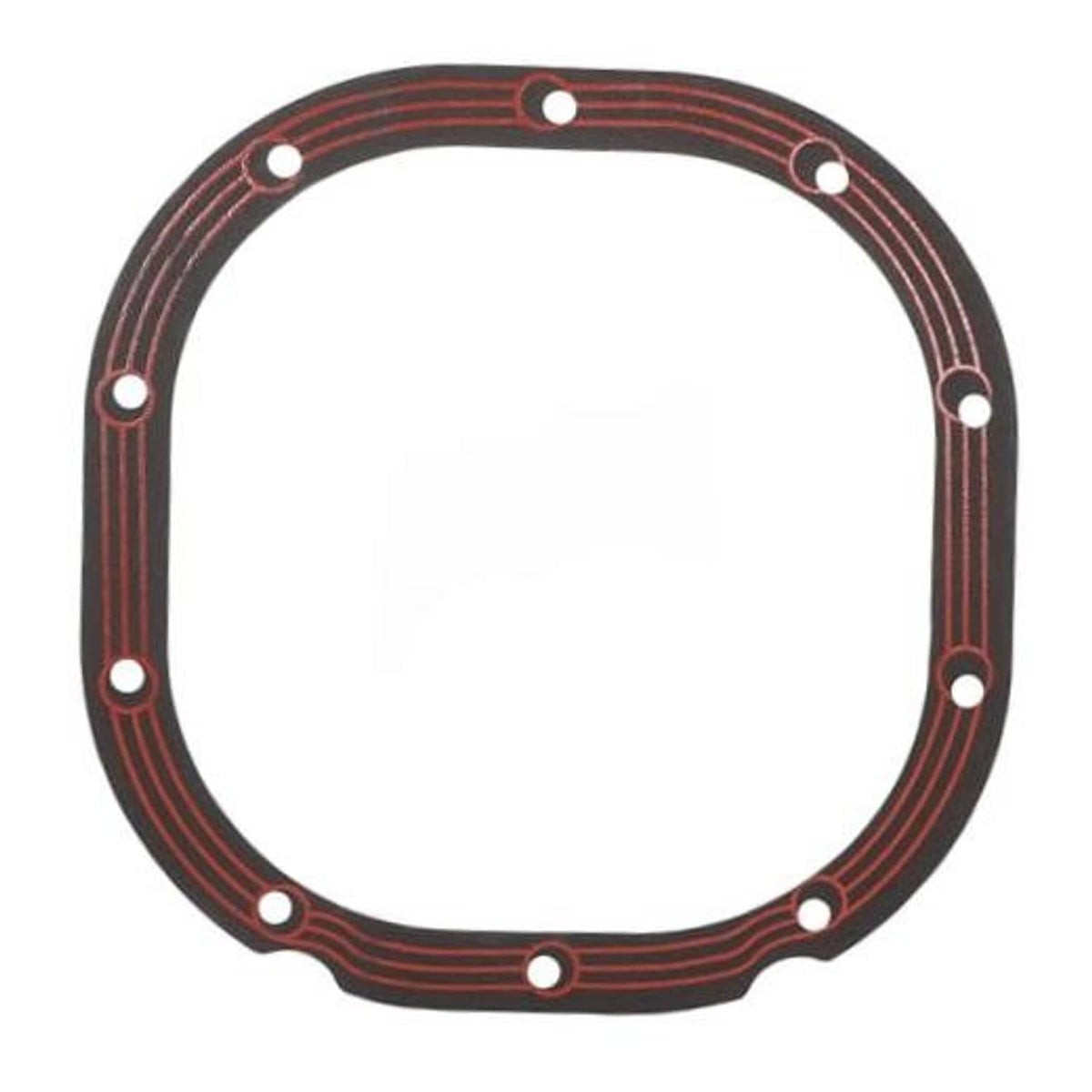 Rear differential cover gasket with red stripe pattern and bolt holes, circular shape