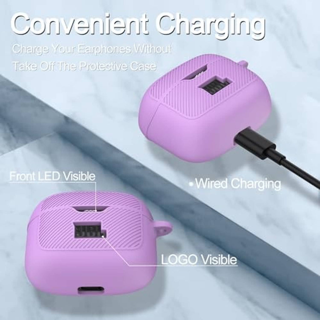 Purple silicone earbuds case with carabiner, charging port and visible LED cutout