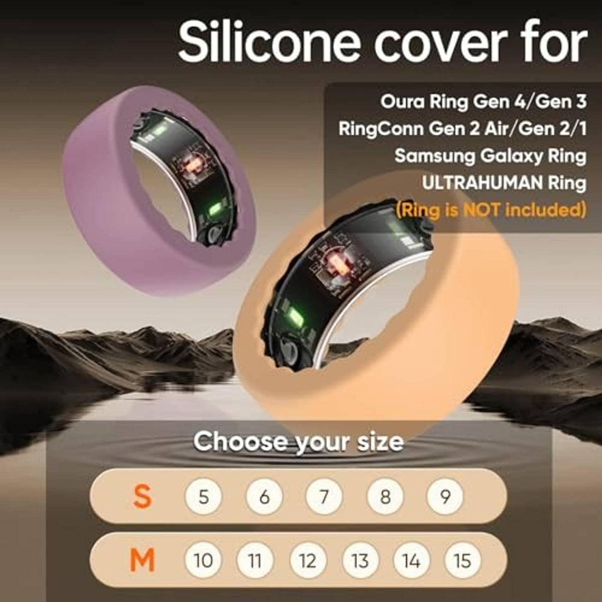 Silicone ring covers in lavender and peach, showing the open center for the ring.