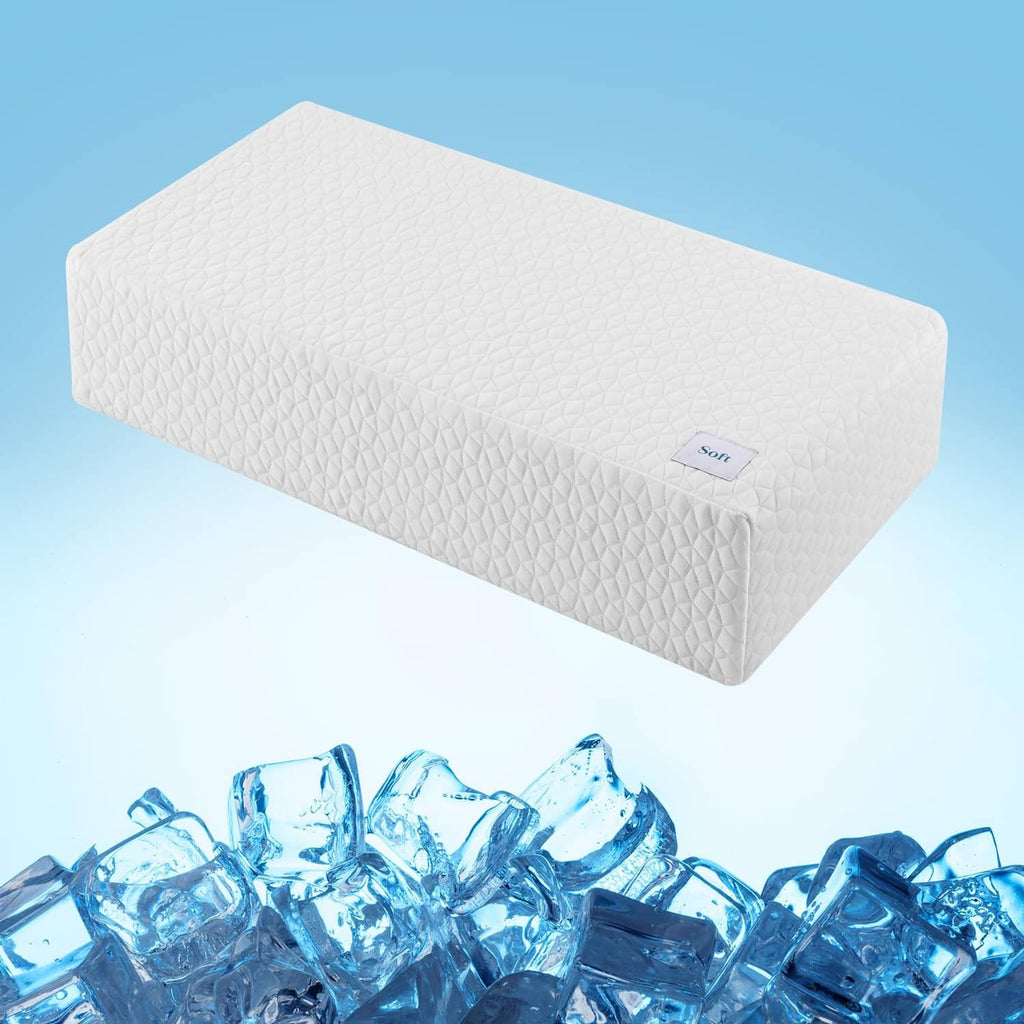 Cooling memory foam pillow with textured white cover and small logo patch