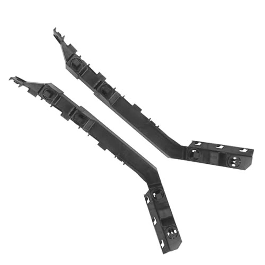 Front bumper bracket retainers, dark plastic parts with mounting holes and tabs