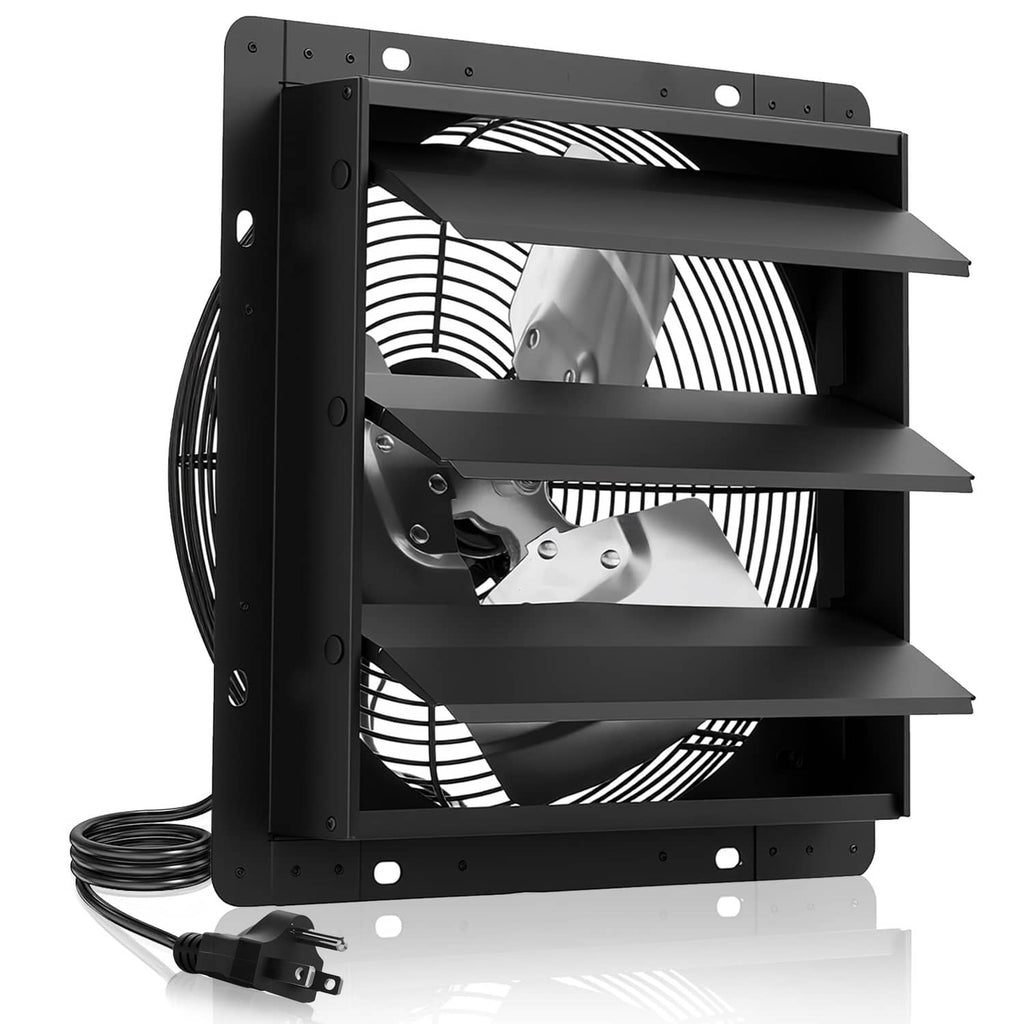 Black wall-mount shutter exhaust fan with power cord and louvered frame