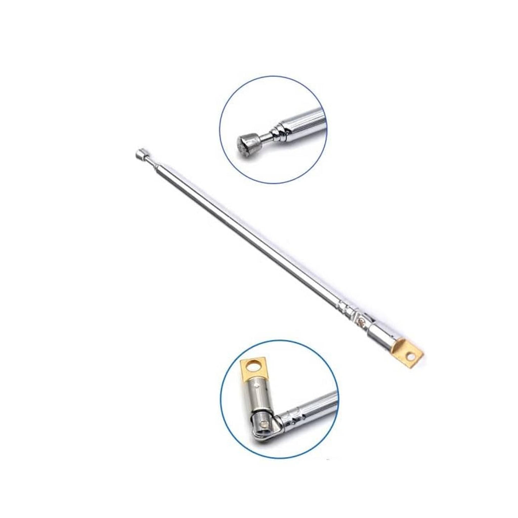 Silver telescopic antenna with close-up details of tip and gold base connection