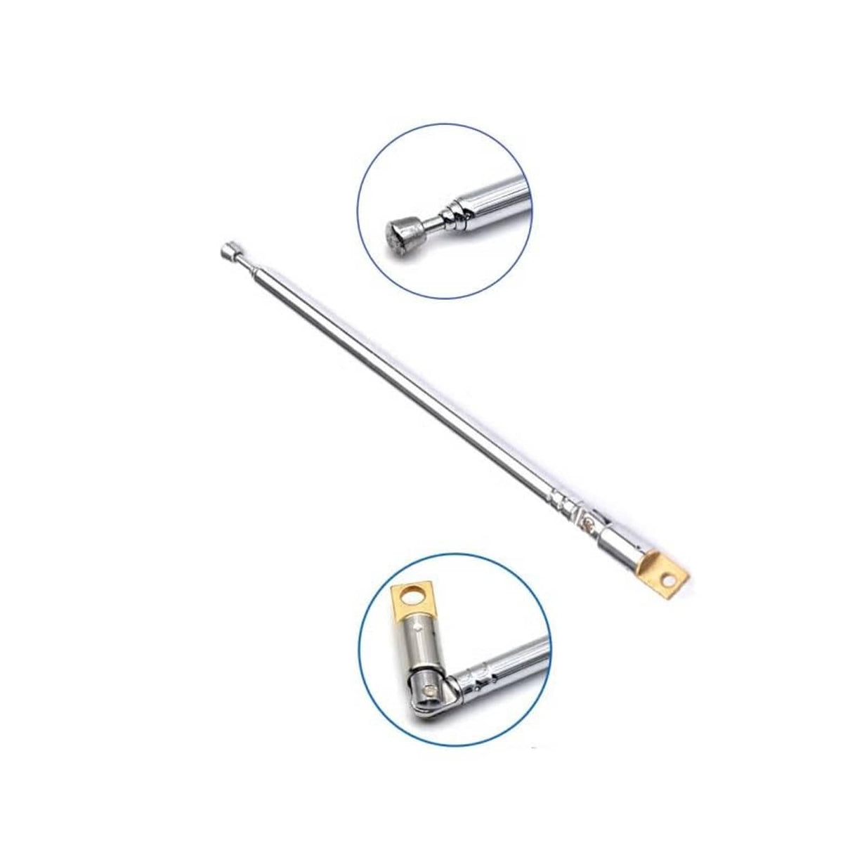 Silver telescopic antenna with close-up details of tip and gold base connection