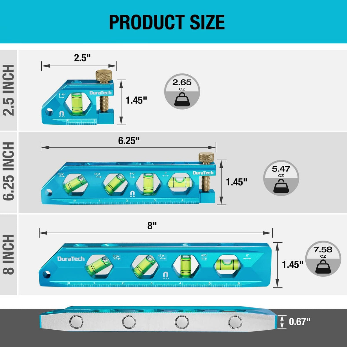DURATECH torpedo level set showing lengths 2.5", 6.25", and 8" with magnets