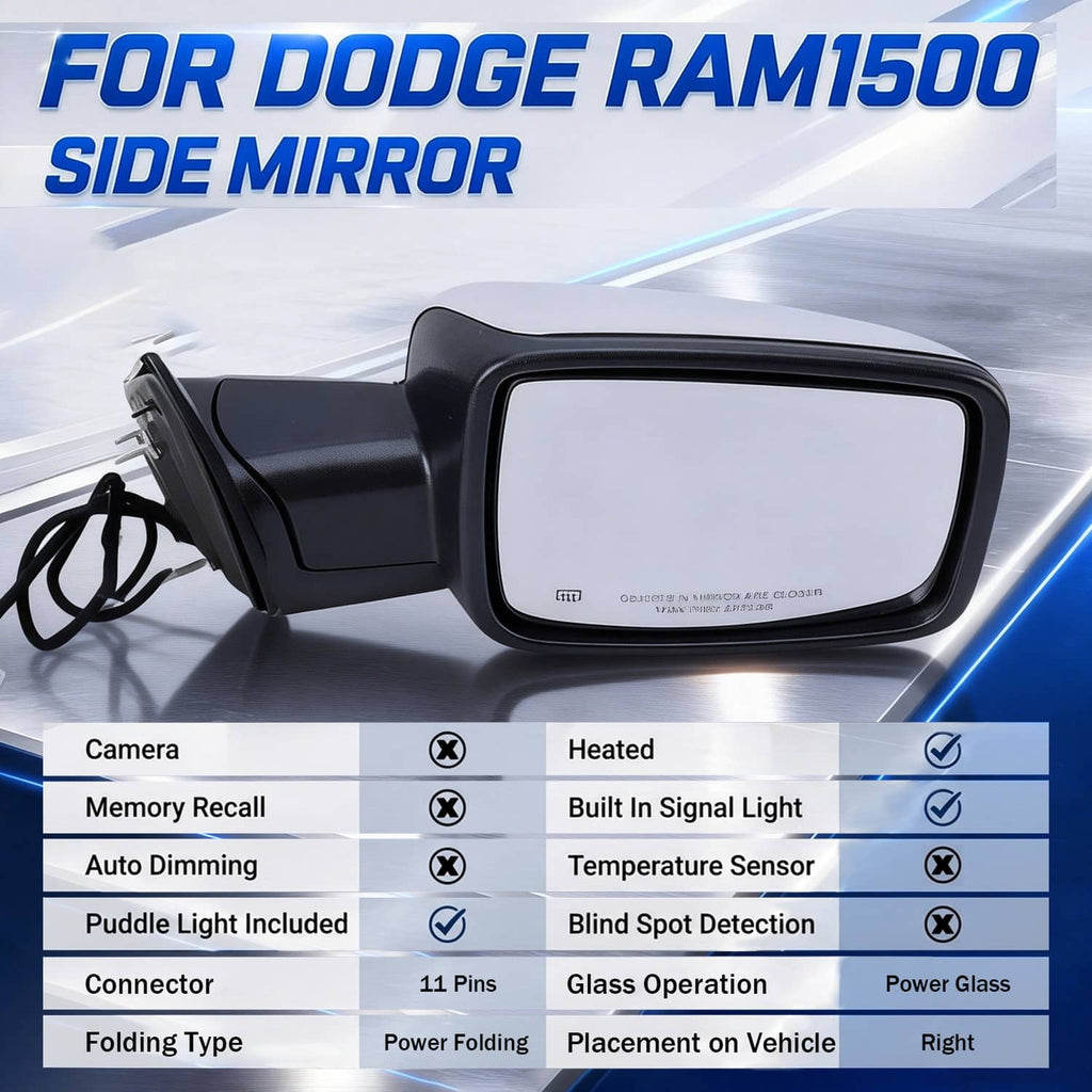 Power heated side mirror with clear glass and black housing, angled front view