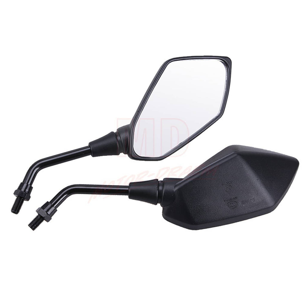 Motorcycle rearview side mirrors with handlebar mount, black rectangular mirrors