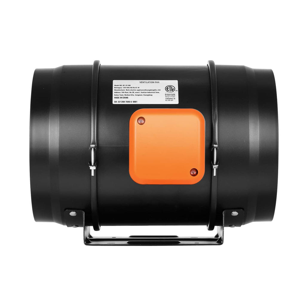 8-inch inline duct fan blower with variable speed control, orange control panel on black housing